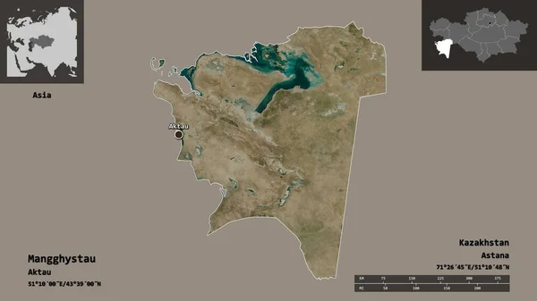 Form Mangghystau Regionen Kazakstan Och Dess Huvudstad Avståndsskala Förhandsvisningar Och — Stockfoto