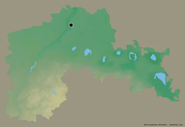 哈萨克斯坦北部的形状 哈萨克斯坦的一个地区 其首都孤立在一个坚实的色彩背景 地形浮雕图 3D渲染 — 图库照片