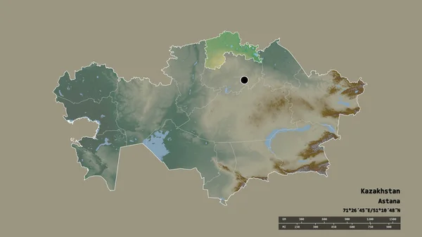 Desaturerad Form Kazakstan Med Dess Huvudstad Huvudsakliga Regionala Indelning Och — Stockfoto