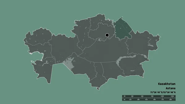 以首都 主要区域分部和分隔的巴甫洛达尔地区为首都的哈萨克斯坦的绝望面貌 彩色高程图 3D渲染 — 图库照片