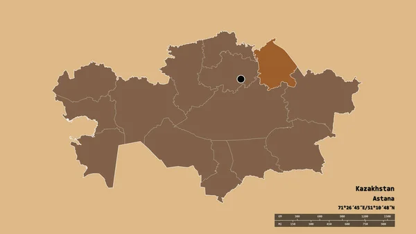 以首都 主要区域分部和分隔的巴甫洛达尔地区为首都的哈萨克斯坦的绝望面貌 图形纹理的组成 3D渲染 — 图库照片