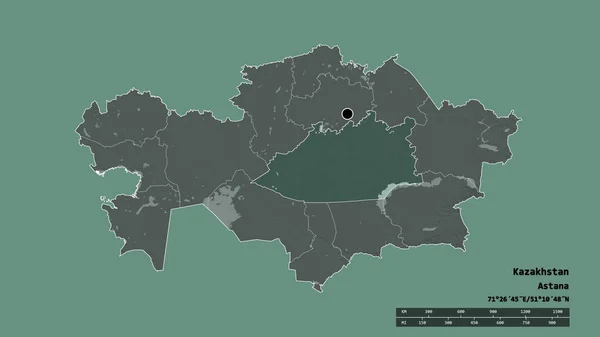 以首都 主要区域分部和分离的卡拉吉特地区为首都的哈萨克斯坦的绝望面貌 彩色高程图 3D渲染 — 图库照片