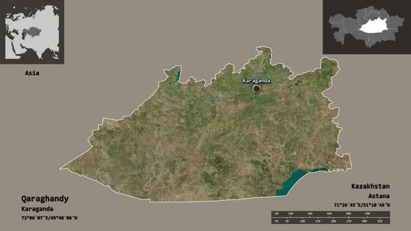 Form Qaraghandy Regionen Kazakstan Och Dess Huvudstad Avståndsskala Förhandsvisningar Och — Stockfoto