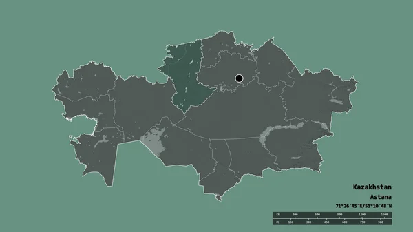 以首都 主要区域分部和分隔的库斯塔奈地区为首都的哈萨克斯坦的绝望状态 彩色高程图 3D渲染 — 图库照片