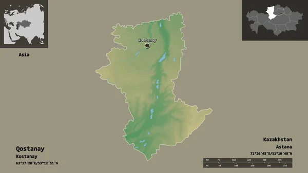 哈萨克斯坦库斯塔内的形状及其首都 距离刻度 预览和标签 地形浮雕图 3D渲染 — 图库照片