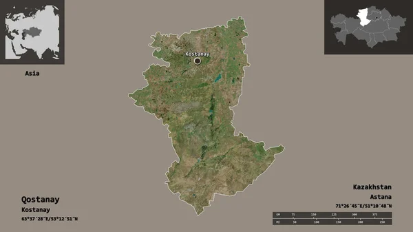 哈萨克斯坦库斯塔内的形状及其首都 距离刻度 预览和标签 卫星图像 3D渲染 — 图库照片