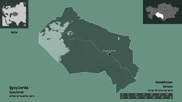 Qyzylordaの形状 カザフスタンの地域 およびその首都 距離スケール プレビューおよびラベル 色の標高マップ 3Dレンダリング — ストック写真