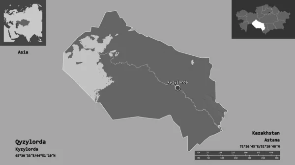 Qyzylordaの形状 カザフスタンの地域 およびその首都 距離スケール プレビューおよびラベル 標高マップ 3Dレンダリング — ストック写真