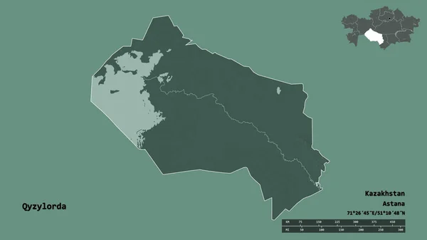 Shape Qyzylorda Region Kazakhstan Its Capital Isolated Solid Background Distance — Stock Photo, Image