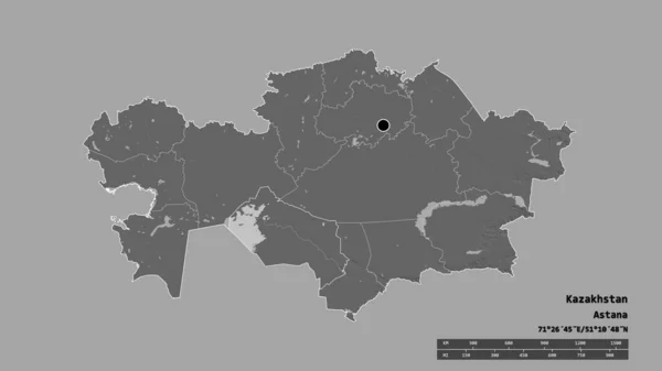 以首都 主要区域分部和分离的Qyzylorda地区为首都的哈萨克斯坦的绝望状态 Bilevel高程图 3D渲染 — 图库照片
