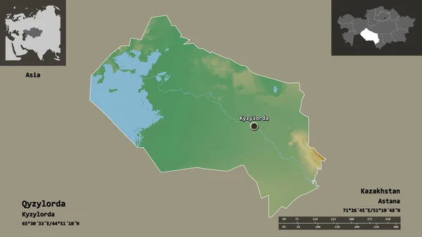 Qyzylordaの形状 カザフスタンの地域 およびその首都 距離スケール プレビューおよびラベル 地形図 3Dレンダリング — ストック写真