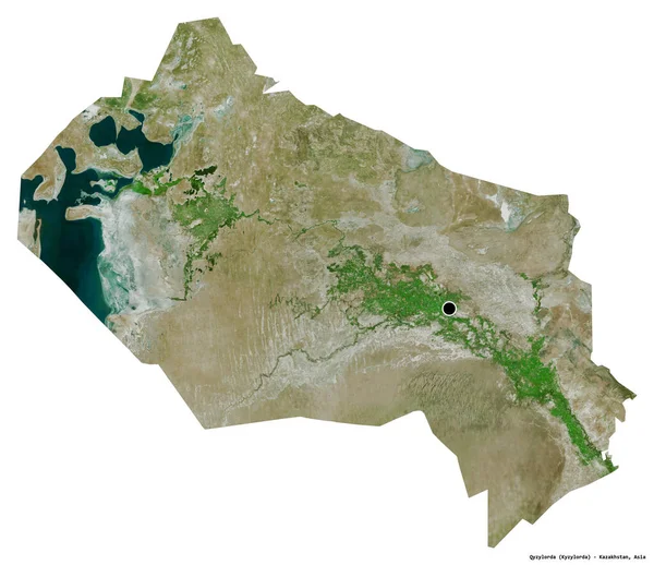 哈萨克斯坦地区Qyzylorda的形状 其首都被白色背景隔离 卫星图像 3D渲染 — 图库照片