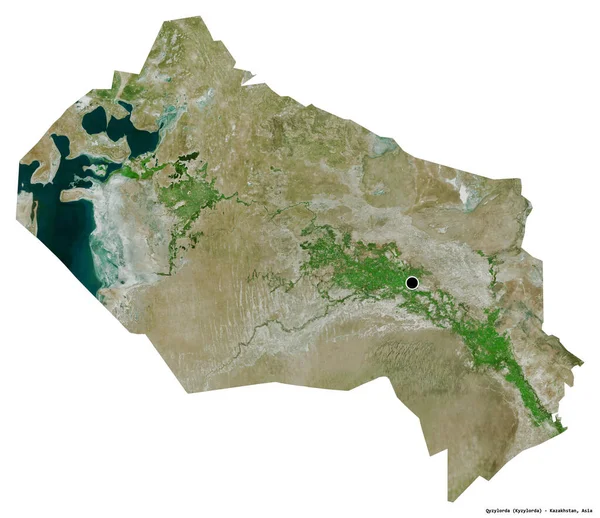 Форма Кызылординской Области Казахстана Столицей Белом Фоне Спутниковые Снимки Рендеринг — стоковое фото