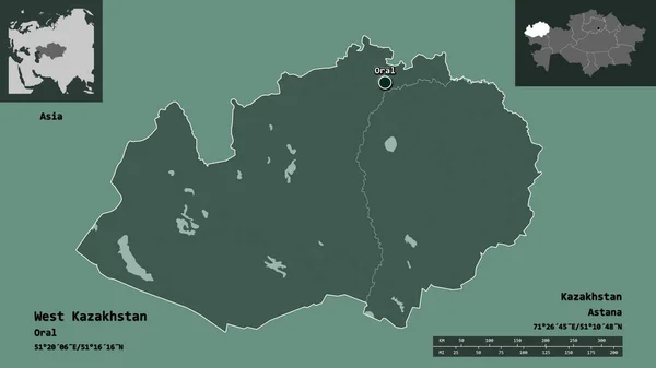 哈萨克斯坦西部的形状 哈萨克斯坦地区 及其首都 距离刻度 预览和标签 彩色高程图 3D渲染 — 图库照片