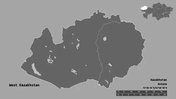 Forma Cazaquistão Ocidental Região Cazaquistão Com Sua Capital Isolada Fundo — Fotografia de Stock