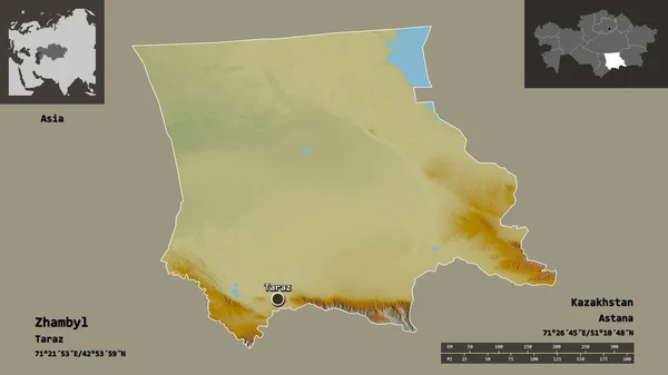 Shape Zhambyl Region Kazakhstan Its Capital Distance Scale Previews Labels — Stock Photo, Image