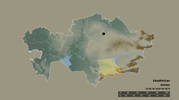 Desaturated Shape Kazakhstan Its Capital Main Regional Division Separated Zhambyl — Stock Photo, Image