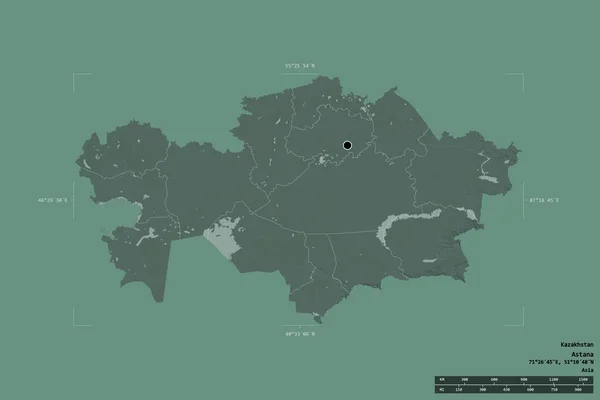 哈萨克斯坦的一个区域在一个地理参照框的坚实背景上被隔离 主要区域分部 距离标度 彩色高程图 3D渲染 — 图库照片