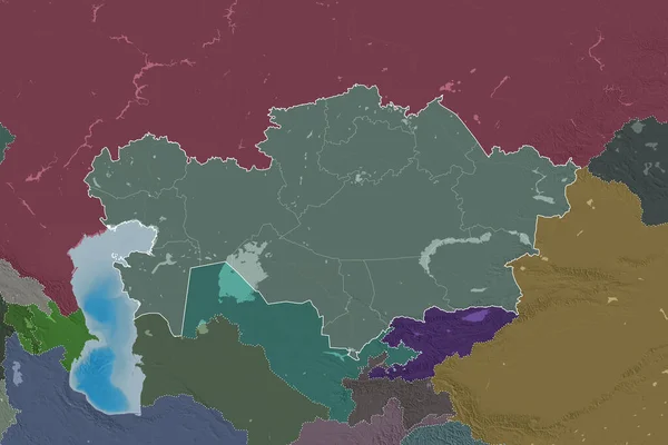 Расширенная Территория Казахстана Страновым Контуром Международными Региональными Границами Цветная Карта — стоковое фото