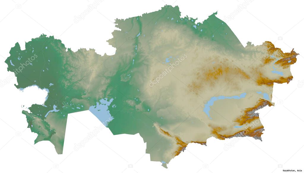 Shape of Kazakhstan with its capital isolated on white background. Topographic relief map. 3D rendering