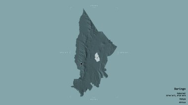 Baringo bölgesi, Kenya ilçesi, jeoreferated sınır kutusunda sağlam bir arka planda izole edilmiş. Etiketler. Renkli yükseklik haritası. 3B görüntüleme