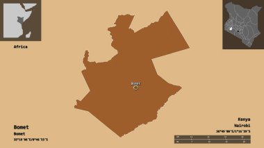 Kenya 'nın Bomet ilçesi ve başkenti. Uzaklık ölçeği, ön gösterimler ve etiketler. Desenli dokuların bileşimi. 3B görüntüleme