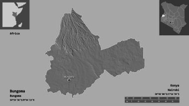 Kenya 'nın Bungoma ilçesi ve başkenti. Uzaklık ölçeği, ön gösterimler ve etiketler. Çift seviyeli yükseklik haritası. 3B görüntüleme