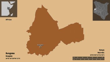 Kenya 'nın Bungoma ilçesi ve başkenti. Uzaklık ölçeği, ön gösterimler ve etiketler. Desenli dokuların bileşimi. 3B görüntüleme