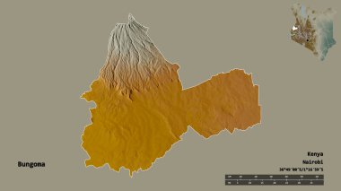 Kenya 'nın Bungoma ilçesi, başkenti sağlam arka planda izole edilmiştir. Uzaklık ölçeği, bölge önizlemesi ve etiketleri. Topografik yardım haritası. 3B görüntüleme