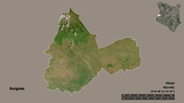 Kenya 'nın Bungoma ilçesi, başkenti sağlam arka planda izole edilmiştir. Uzaklık ölçeği, bölge önizlemesi ve etiketleri. Uydu görüntüleri. 3B görüntüleme