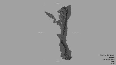 Kenya 'nın Elgeyo-Marakwet bölgesinde, sağlam bir arka planda izole edilmiş bir sınır kutusunda. Etiketler. Çift seviyeli yükseklik haritası. 3B görüntüleme