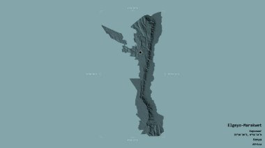 Kenya 'nın Elgeyo-Marakwet bölgesinde, sağlam bir arka planda izole edilmiş bir sınır kutusunda. Etiketler. Renkli yükseklik haritası. 3B görüntüleme