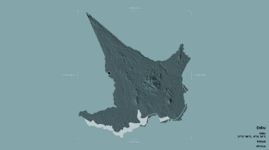 Embu bölgesi, Kenya ilçesi, sağlam bir arka planda izole edilmiş bir sınır kutusunda. Etiketler. Renkli yükseklik haritası. 3B görüntüleme