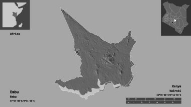 Kenya ve başkenti Embu 'nun şekli. Uzaklık ölçeği, ön gösterimler ve etiketler. Çift seviyeli yükseklik haritası. 3B görüntüleme