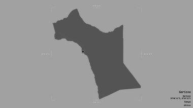 Garissa bölgesi, Kenya ilçesi, jeoreferatlı bir sınır kutusunda sağlam bir arka planda izole edilmiş. Etiketler. Çift seviyeli yükseklik haritası. 3B görüntüleme