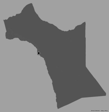 Kenya 'nın Garissa ilçesi, başkenti koyu renk arka planda izole edilmiş. Çift seviyeli yükseklik haritası. 3B görüntüleme