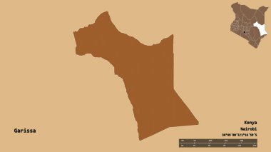 Kenya 'nın Garissa ilçesi, başkenti sağlam arka planda izole edilmiş. Uzaklık ölçeği, bölge önizlemesi ve etiketleri. Desenli dokuların bileşimi. 3B görüntüleme