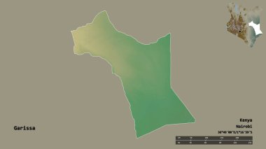 Kenya 'nın Garissa ilçesi, başkenti sağlam arka planda izole edilmiş. Uzaklık ölçeği, bölge önizlemesi ve etiketleri. Topografik yardım haritası. 3B görüntüleme