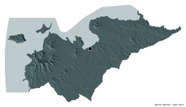 Kenya 'nın Homa Körfezi' nin şekli, başkenti beyaz arka planda izole edilmiş. Renkli yükseklik haritası. 3B görüntüleme