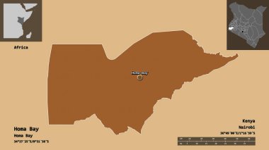 Homa Körfezi 'nin şekli, Kenya ilçesi ve başkenti. Uzaklık ölçeği, ön gösterimler ve etiketler. Desenli dokuların bileşimi. 3B görüntüleme