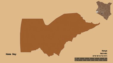 Kenya 'nın Homa Körfezi' nin şekli, başkenti sağlam arka planda izole edilmiş. Uzaklık ölçeği, bölge önizlemesi ve etiketleri. Desenli dokuların bileşimi. 3B görüntüleme