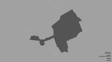 Kenya 'nın Isiolo ilçesi, jeoreferated sınır kutusunda sağlam bir arka planda izole edilmiş. Etiketler. Çift seviyeli yükseklik haritası. 3B görüntüleme