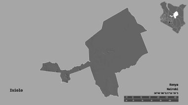 Kenya 'nın Isiolo ilçesi, başkenti sağlam arka planda izole edilmiştir. Uzaklık ölçeği, bölge önizlemesi ve etiketleri. Çift seviyeli yükseklik haritası. 3B görüntüleme