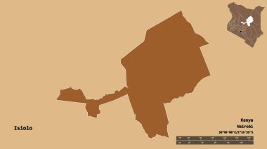 Kenya 'nın Isiolo ilçesi, başkenti sağlam arka planda izole edilmiştir. Uzaklık ölçeği, bölge önizlemesi ve etiketleri. Desenli dokuların bileşimi. 3B görüntüleme