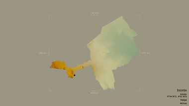 Kenya 'nın Isiolo ilçesi, jeoreferated sınır kutusunda sağlam bir arka planda izole edilmiş. Etiketler. Topografik yardım haritası. 3B görüntüleme