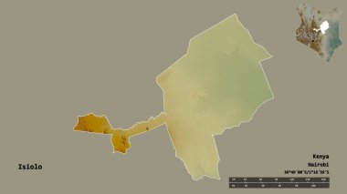 Kenya 'nın Isiolo ilçesi, başkenti sağlam arka planda izole edilmiştir. Uzaklık ölçeği, bölge önizlemesi ve etiketleri. Topografik yardım haritası. 3B görüntüleme