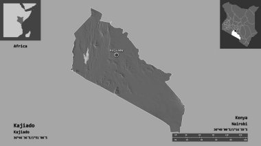 Kenya 'nın Kajiado ilçesi ve başkenti. Uzaklık ölçeği, ön gösterimler ve etiketler. Çift seviyeli yükseklik haritası. 3B görüntüleme