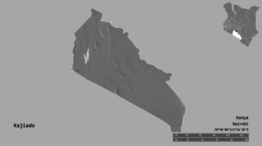 Kenya 'nın Kajiado ilçesi, başkenti sağlam arka planda izole edilmiştir. Uzaklık ölçeği, bölge önizlemesi ve etiketleri. Çift seviyeli yükseklik haritası. 3B görüntüleme