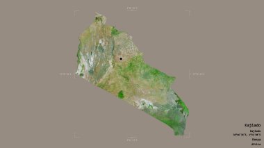 Kenya 'nın Kajiado ilçesi, jeoreferatlı bir sınır kutusunda sağlam bir arka planda izole edilmiş. Etiketler. Uydu görüntüleri. 3B görüntüleme