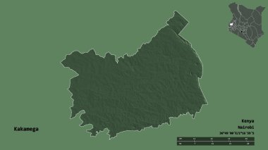 Kenya 'nın başkenti Kakamega' nın katı arka planda izole edilmiş hali. Uzaklık ölçeği, bölge önizlemesi ve etiketleri. Renkli yükseklik haritası. 3B görüntüleme